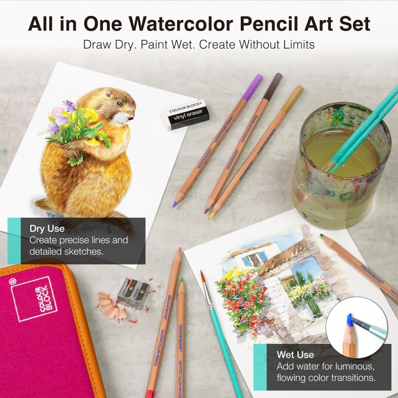 COLOUR BLOCK Watercolor Pencil Travel Art Set I 34pc Professional Drawing Kit, 50Sheets Drawing Pad, Paint Brushes I Vibrant Pigments for Coloring, Blending - Image 4